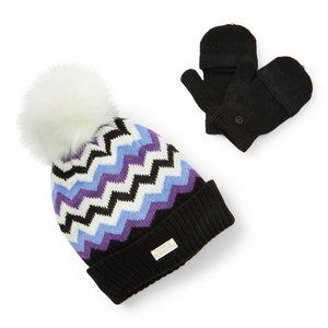 NWT Vince Camuto Chevron Stripe Beanie & Pop Top Mittens - 2 pc set